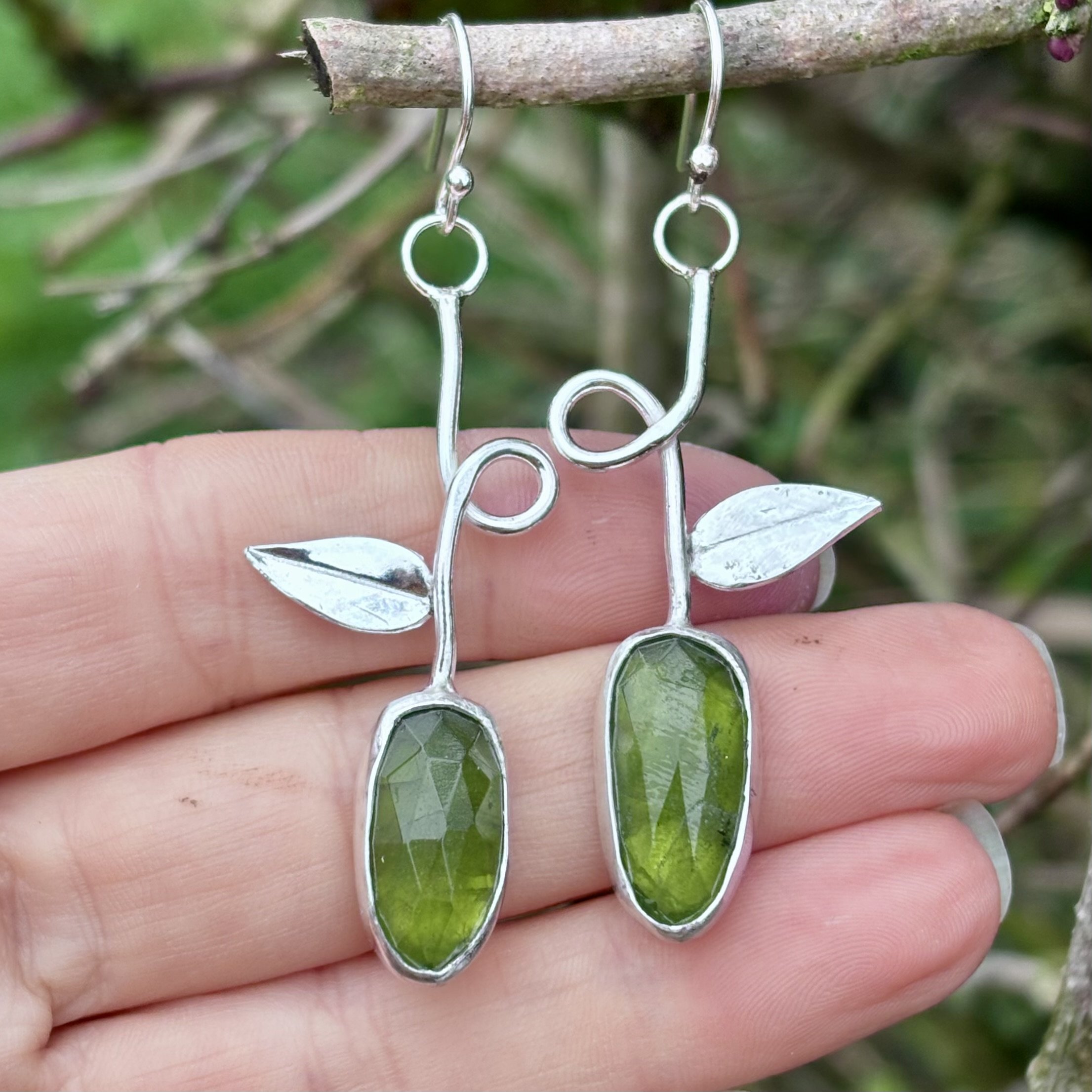 🌿 Natural Vesuvianite & Vine Leaf Dangle Earrings