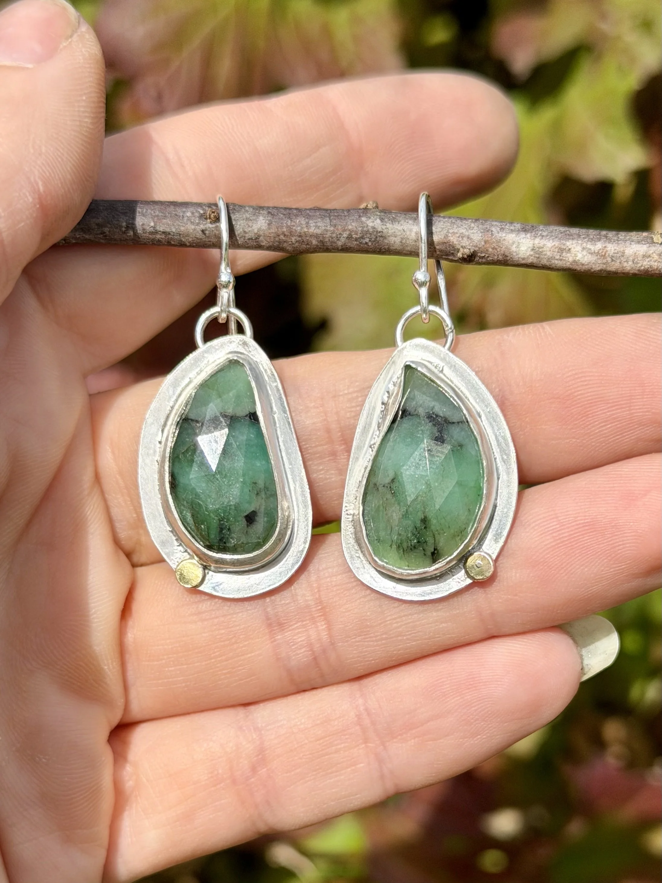 Raw Emerald & Gold Dot Dangle Earrings