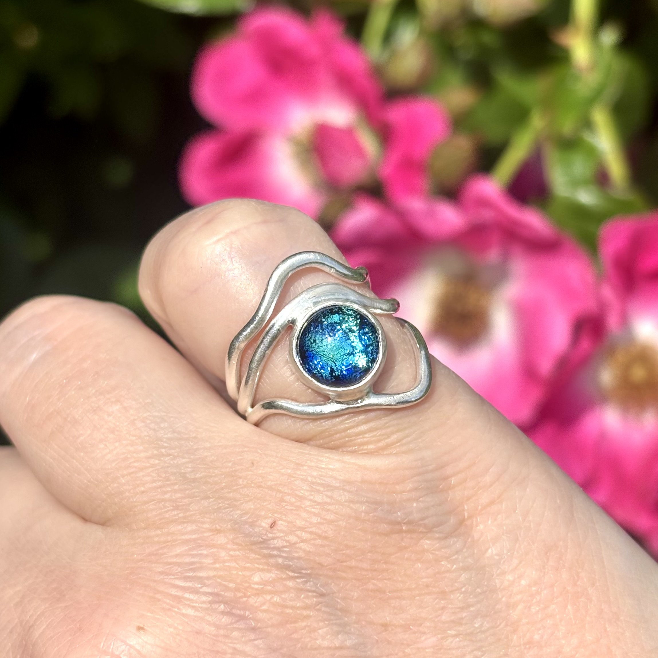 Blue-Green Fused Glass Ring. Size J
