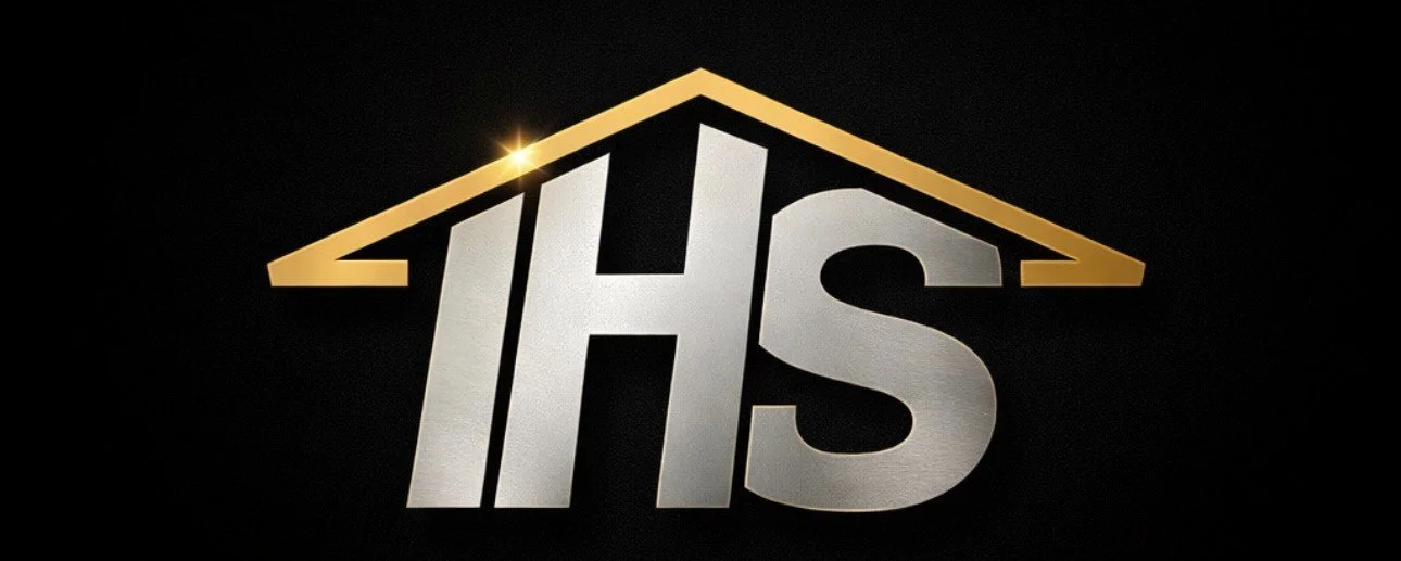 The logo of IHS with a gold outline of a house roof above, set against a black background.