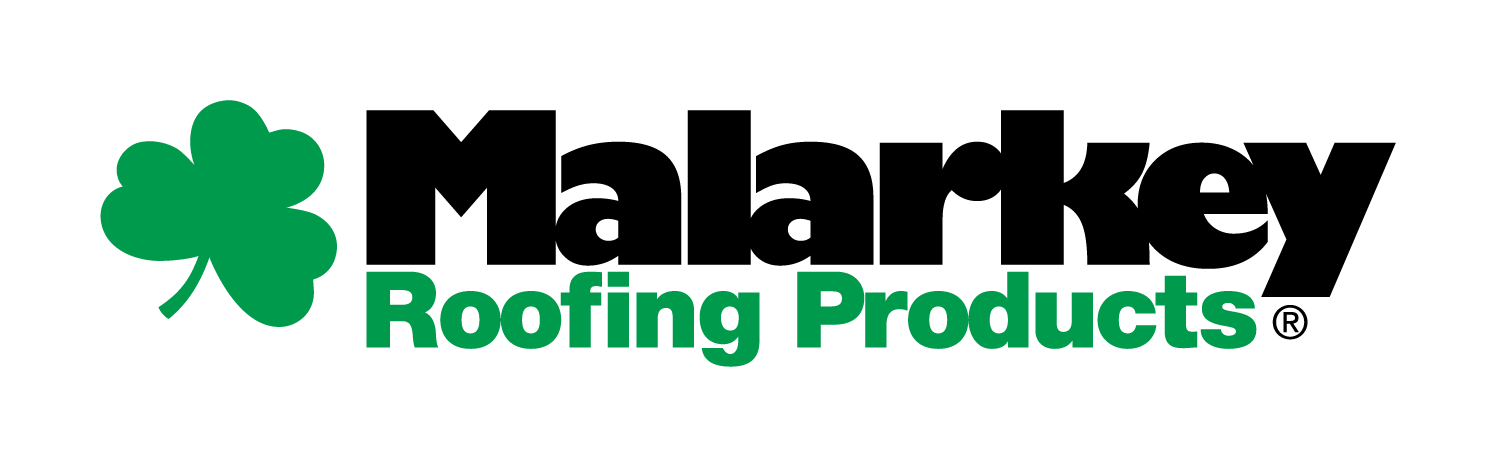 Logo of Malarkey Roofing Products featuring a green shamrock on the left and the words "Malarkey Roofing Products" in bold black and green letters.