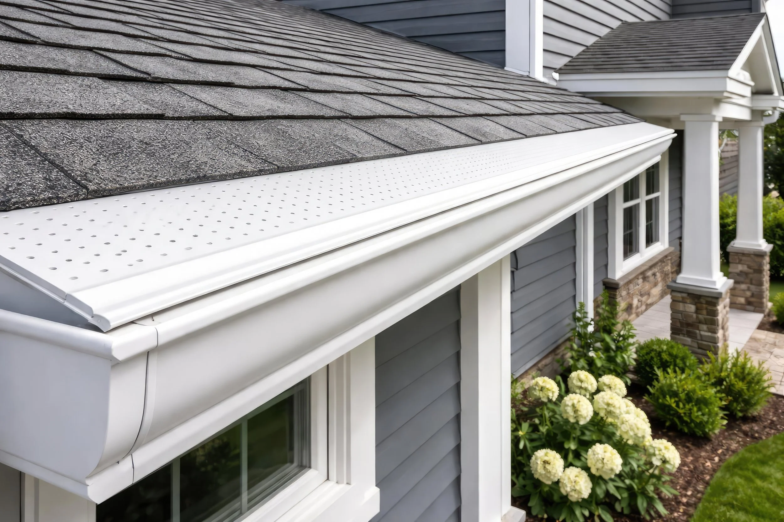 Close-up of a house roof with asphalt shingles and a white gutter system, with a row of white hydrangea flowers below.