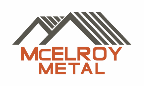 Logo for McElroy Metal featuring stylized gray mountains and red text.