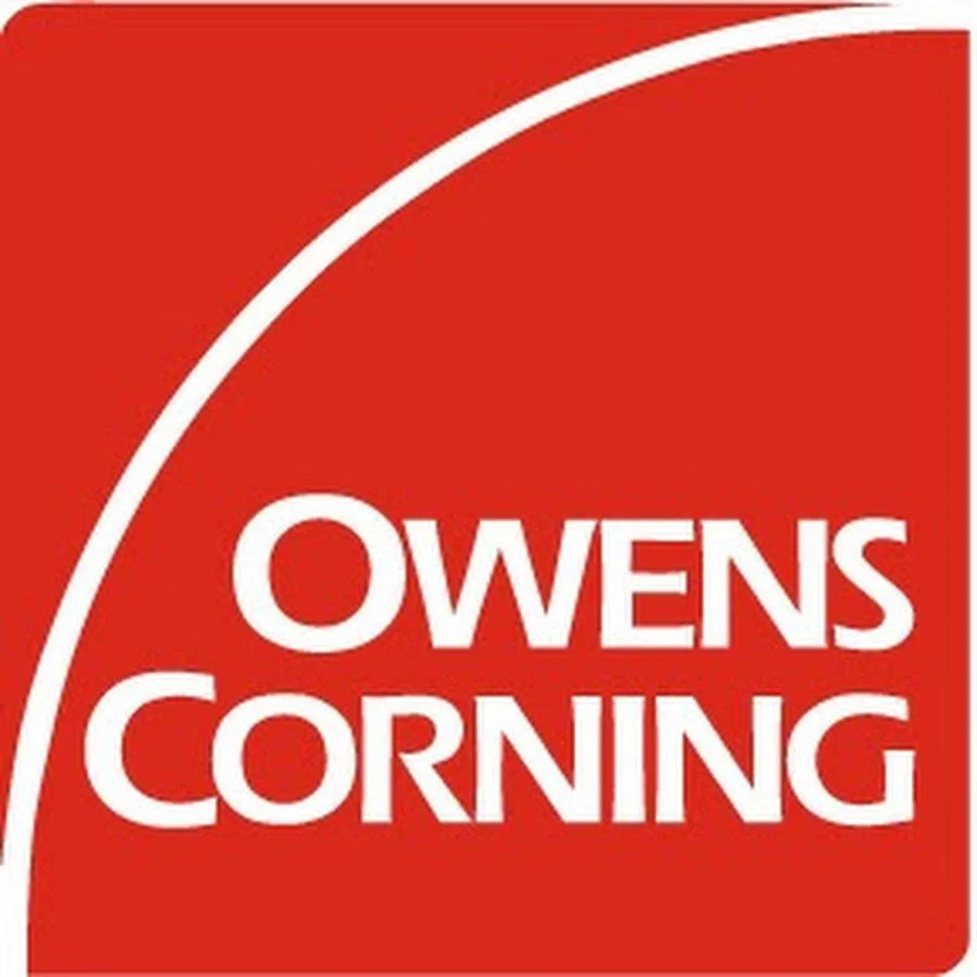 Red background with white text saying 'OWENS CORNING' and a white curved line at the top left corner.