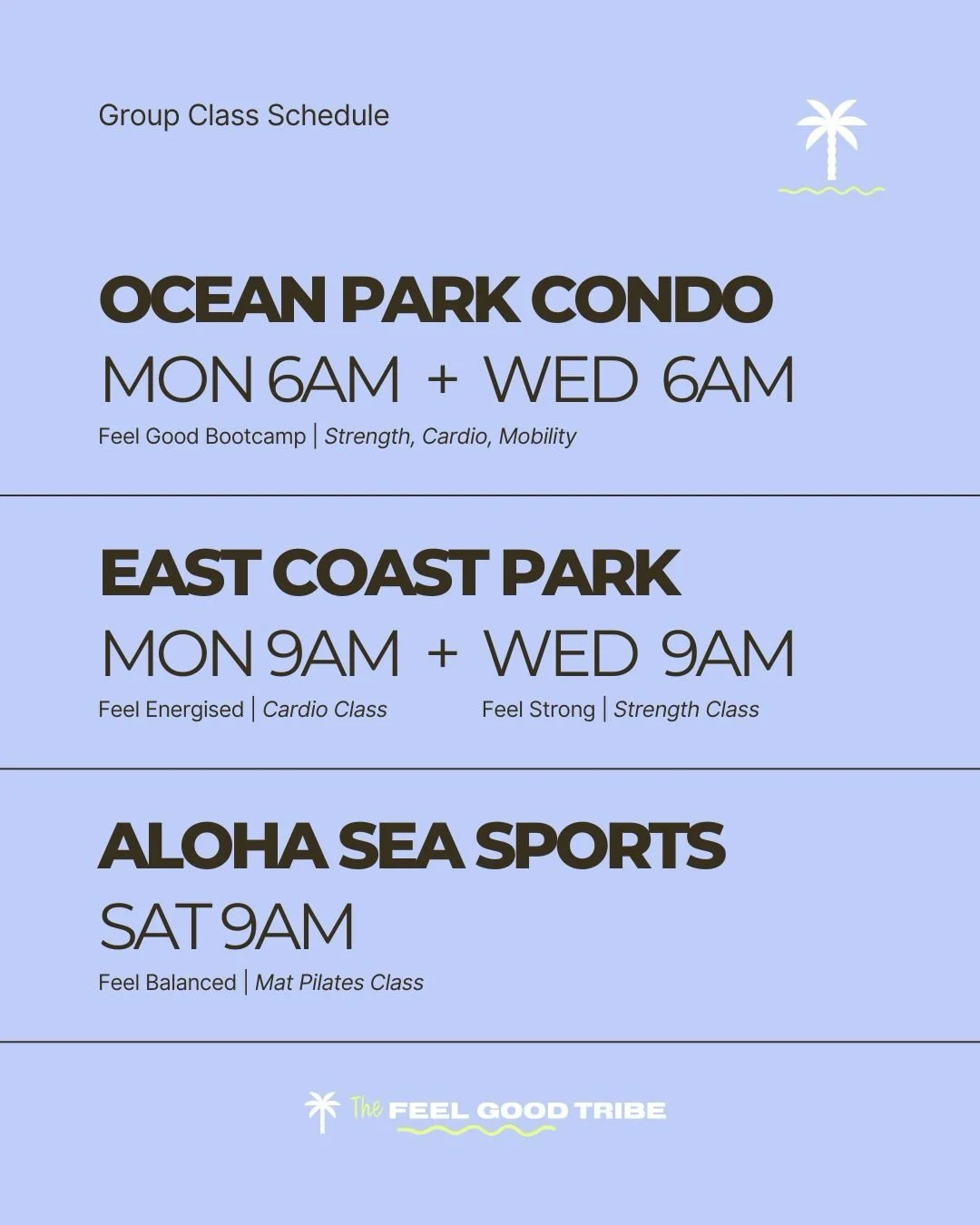 The Feel Good schedule 💛

MONDAY
🕕 6am &ndash; 📍Ocean Park Condo (East Coast)
🕘 9am &ndash; 📍East Coast Park, The Outside Gym Area C

Strength + cardio + mobility. Bootcamp vibes but everyone works at their own level. Bring your own mat, own wei