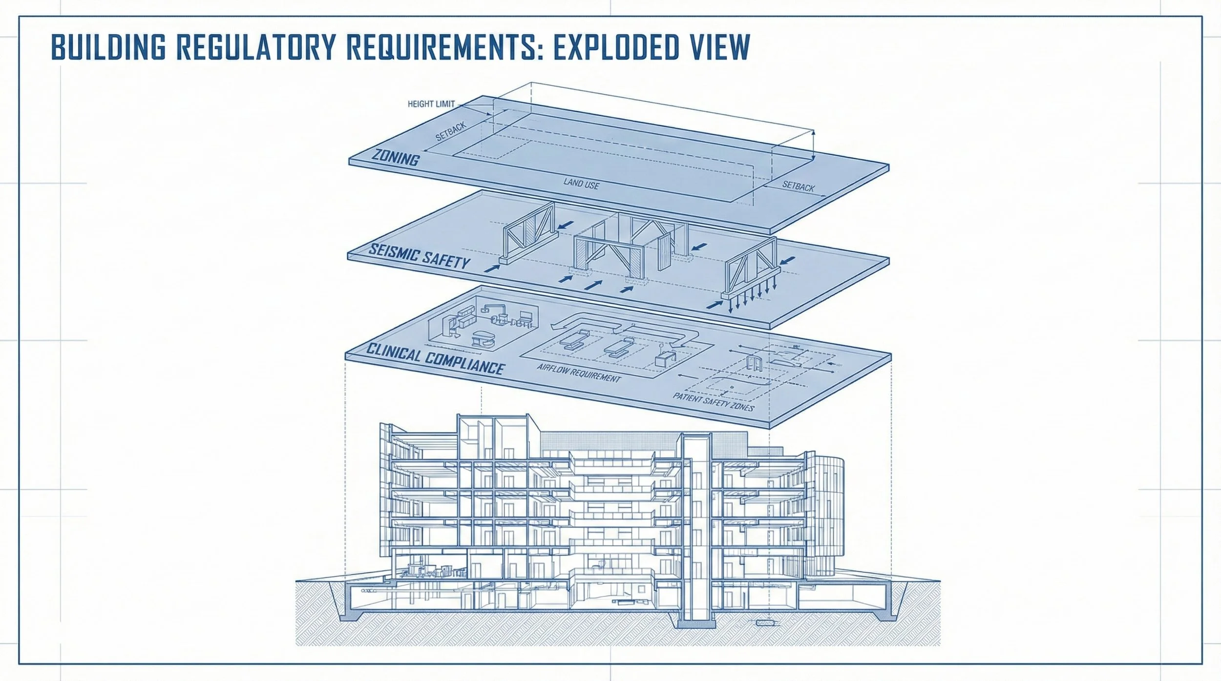 A technical diagram showing the layers of medical facility compliance, including zoning, seismic safety, and clinical infrastructure requirements.