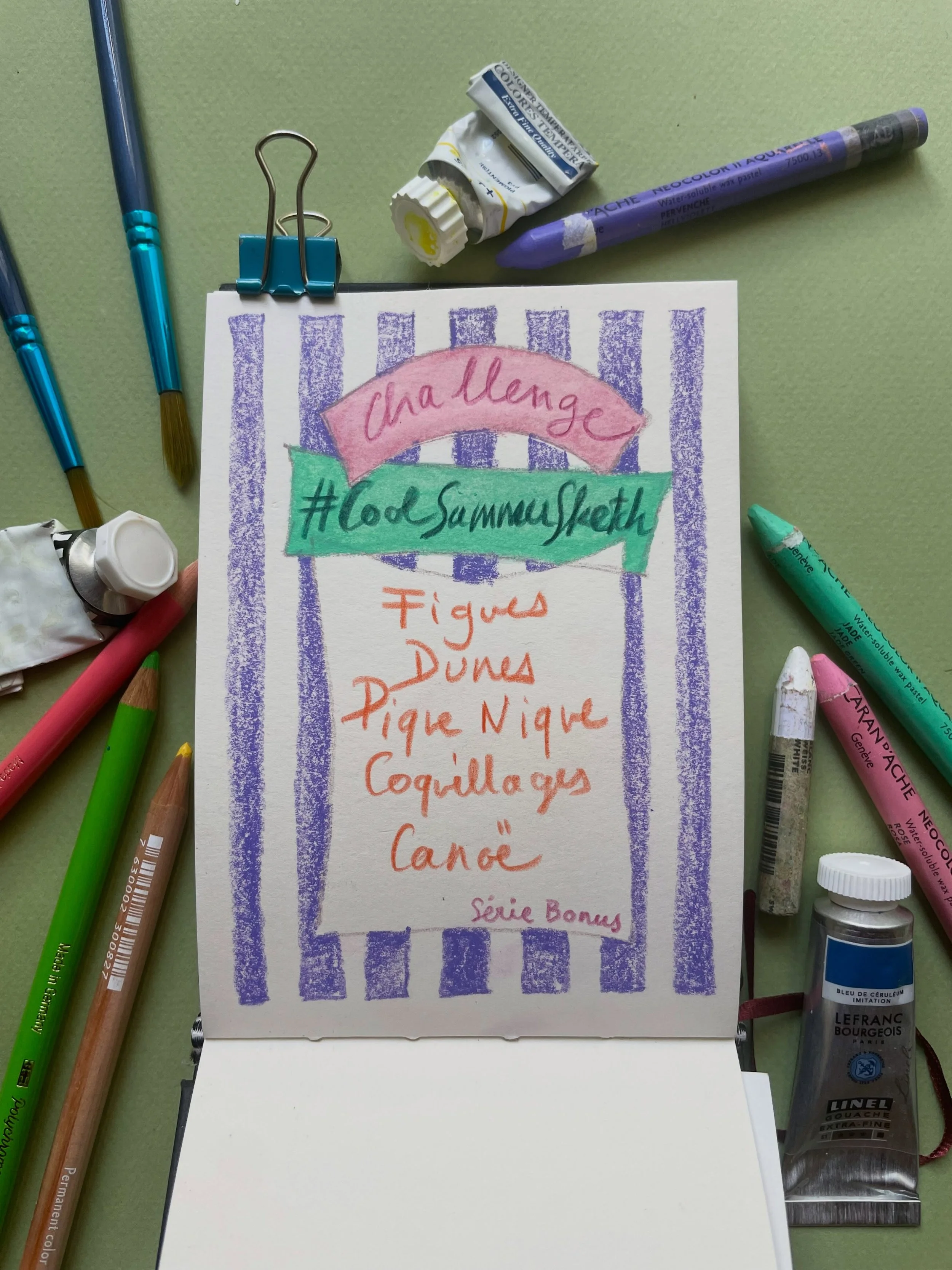 🏖️ Voici les mots &agrave; illustrer pour notre  10&egrave;me semaine de challenge #coolsummersketch . 
La 9eme devait &ecirc;tre la derni&egrave;re, mais j&rsquo;ai suffisamment de mots, et vous avez &eacute;t&eacute; nombreuses &agrave; voter &laq