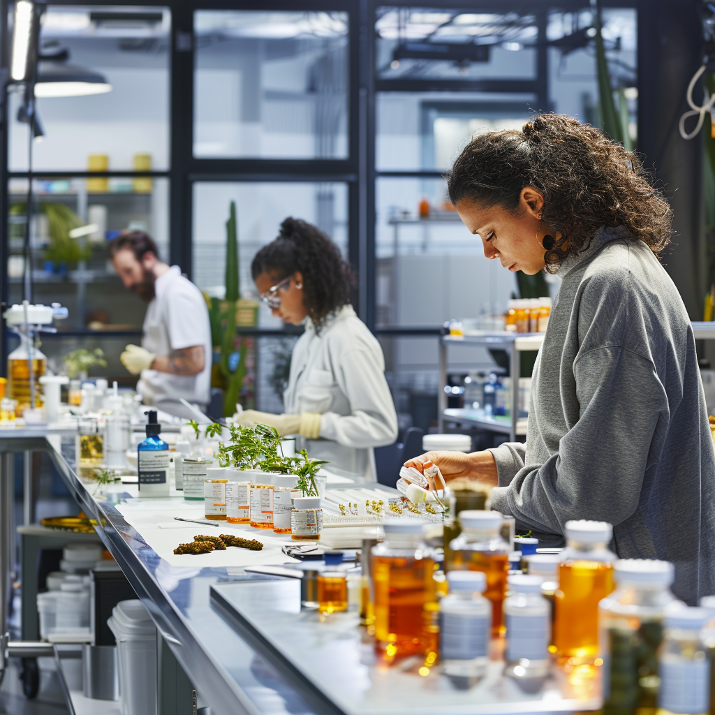 The image captures a dynamic, collaborative workspace where a diverse team of professionals, including botanists and chemists, are engaged in the formulation of cannabis-based products. Tables are strewn with prototypes of edibles and beverages, as w