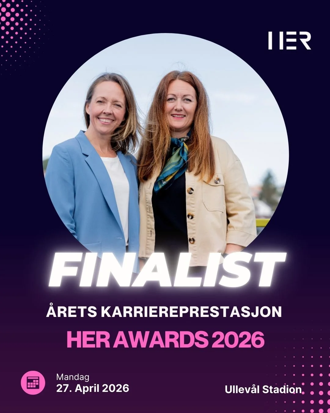 plakat Her awards med bilde av to damer og tittelen FINALIST