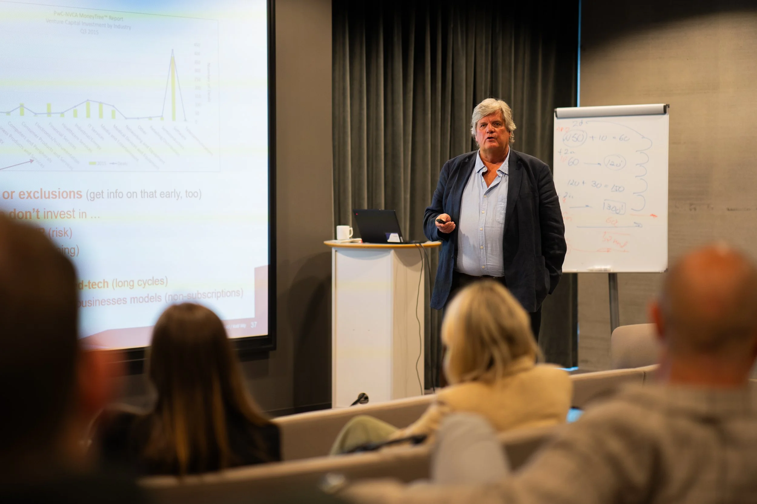 mannlig foreleser foran en storskjerm og flip board