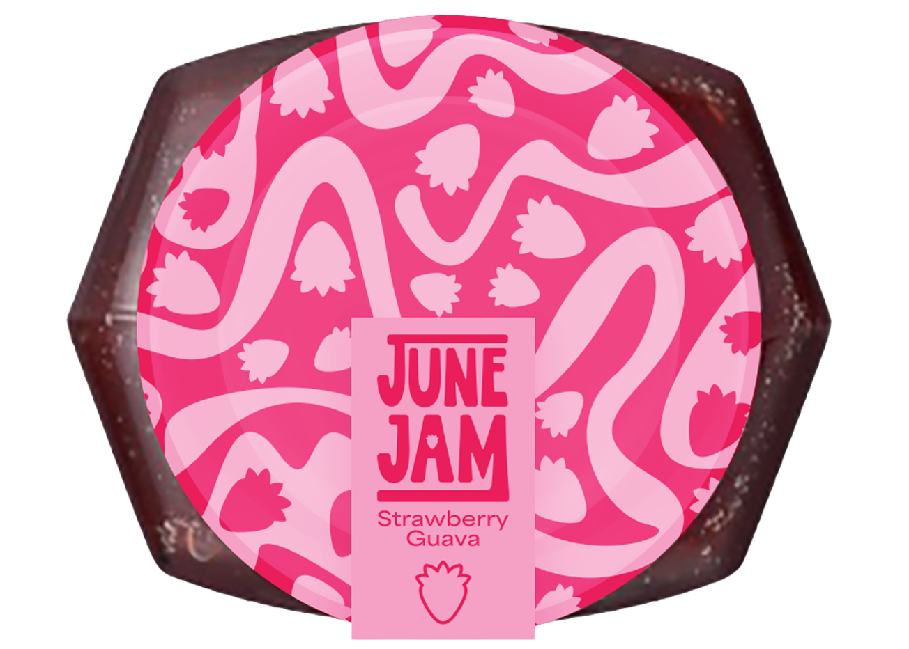 Image of the lid of the strawberry guava jam. The lid is link with light pink squiggles and strawberry illustrations.