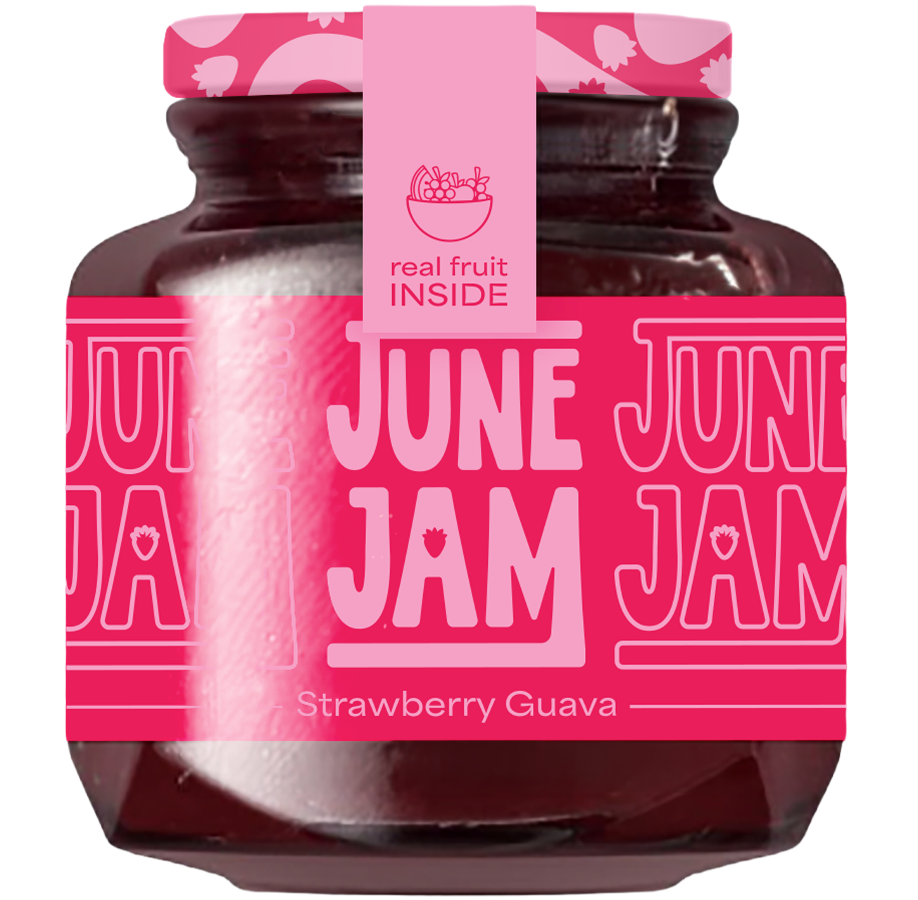 Image of June Jam's strawberry Guava flavoured jam. Image is the front of the jam with pink branding and "real fruit inside" seal.