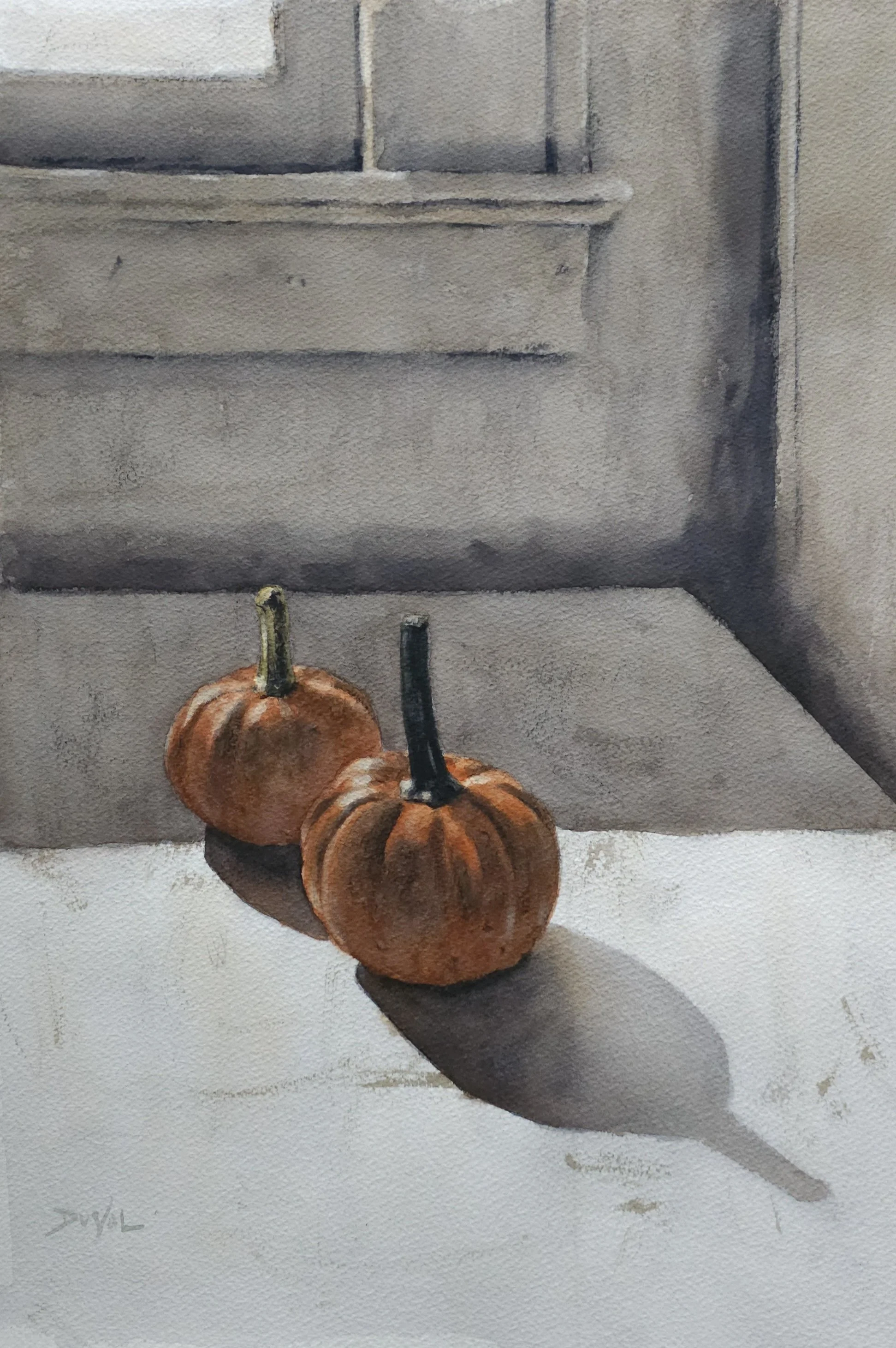 A pair of pumpkins, watercolor on paper, 14 x 20 in