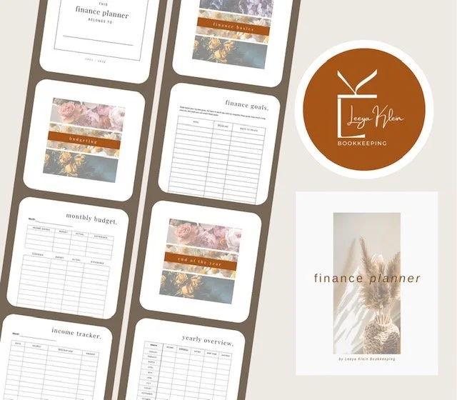 Collection of finance planner sheets and covers, including pages for finance goals, monthly budget, income tracker, yearly overview, and a floral cover design, along with a round logo for 'Leya Klein Bookkeeping'.