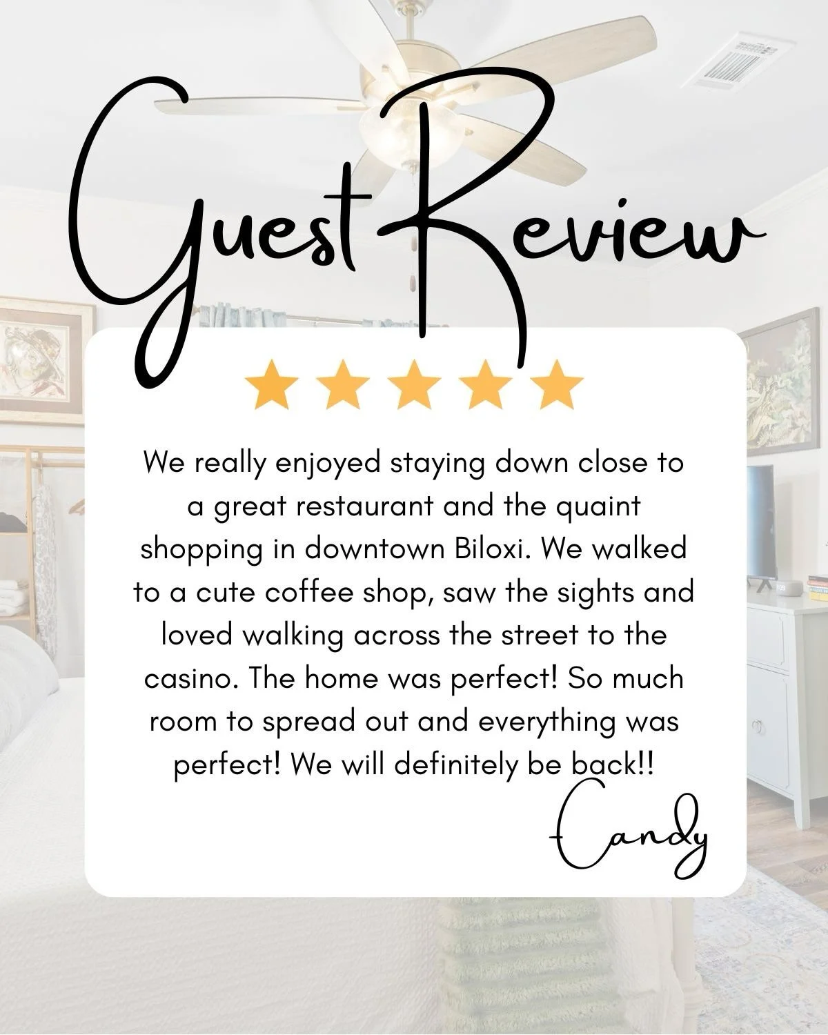 Another five star review for the Madeleine Suite! 

⭐️⭐️⭐️⭐️⭐️

We love hearing how much our guests enjoy being in walking distance to the best spots in downtown Biloxi!

#visitbiloxi #visitmississippi #secretcoast