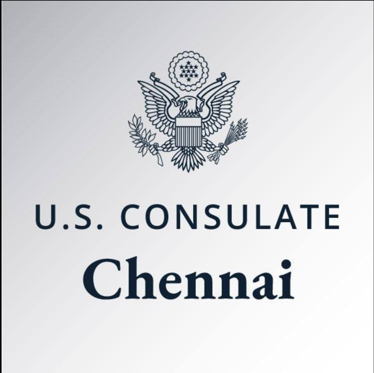 Seal with eagle holding olive branch and arrows, above the words "U.S. Consulate Chennai" in bold text.