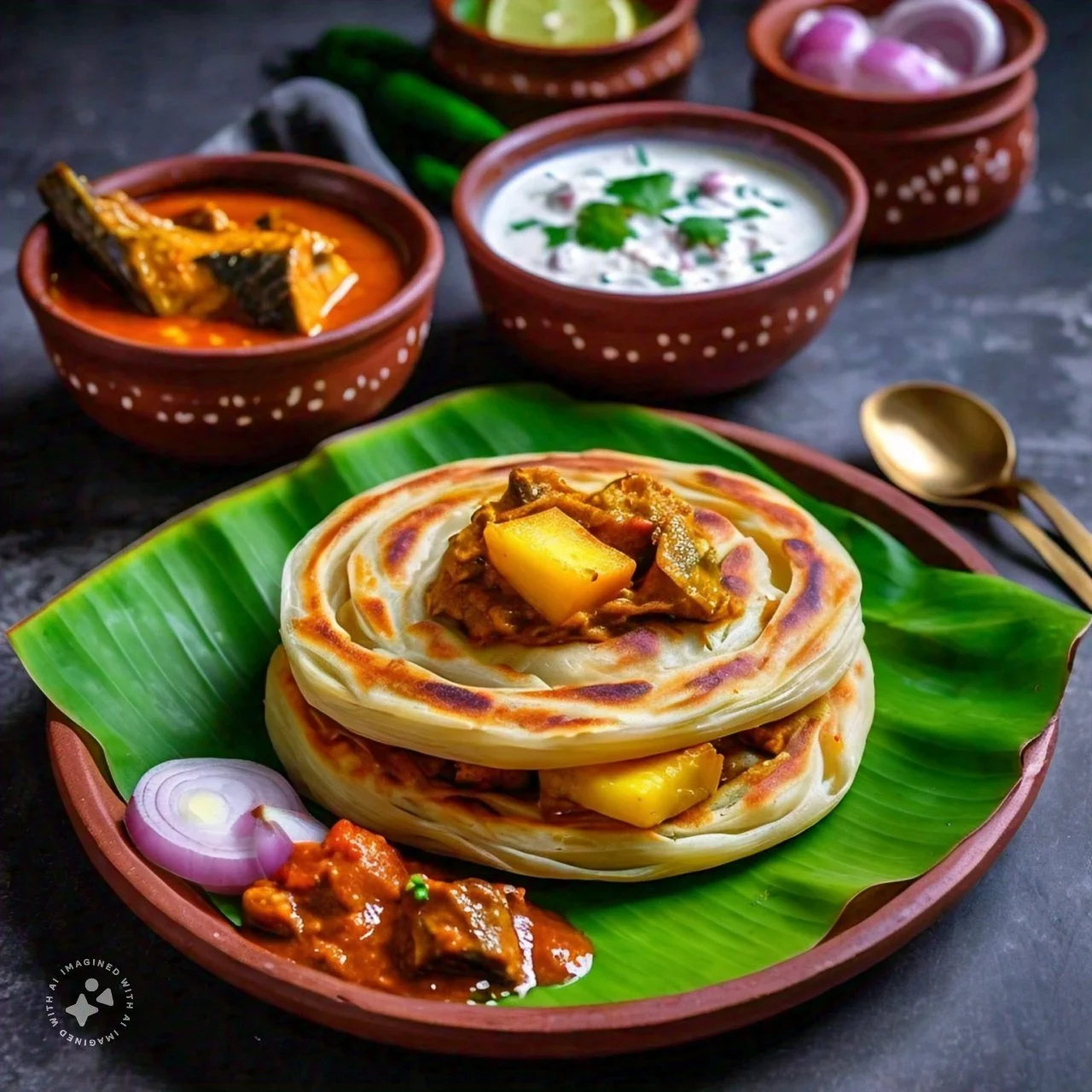 three_layered_eparotta_with_sides_of_fish_curry_and_raita_only_on_a_bananaleaf.jpeg