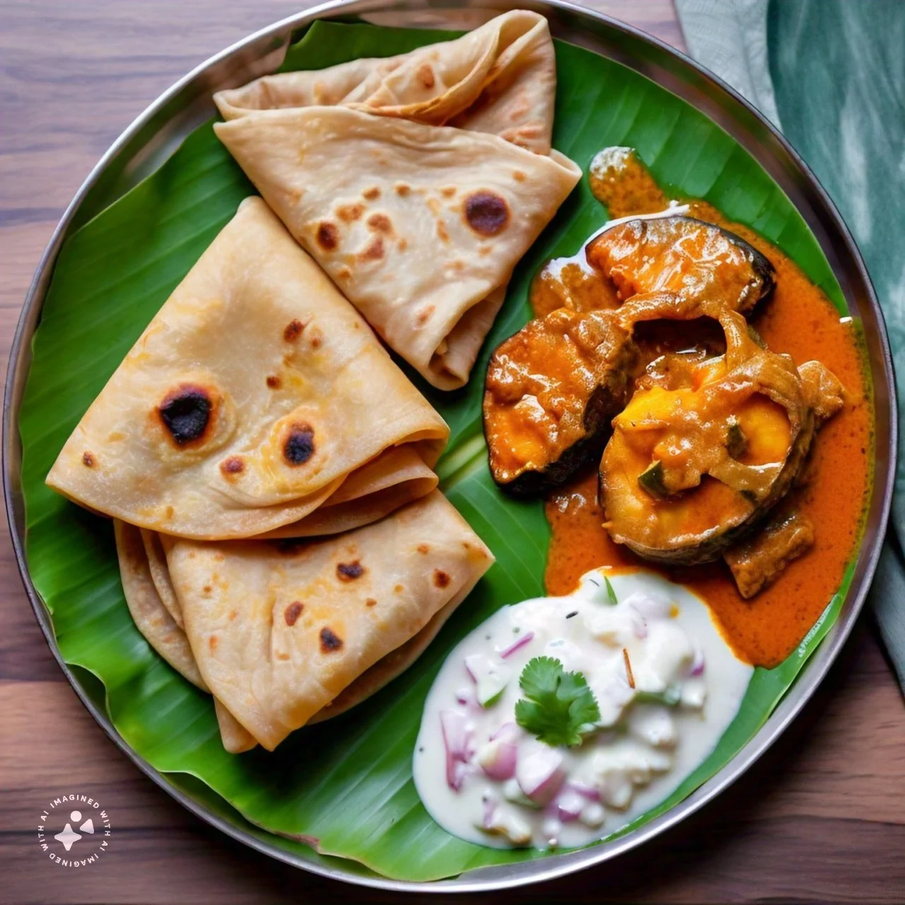 three_medium_size_thin_chapathi_with_sides_of_fish_curry_and_raita_on_a_bananaleaf.jpeg