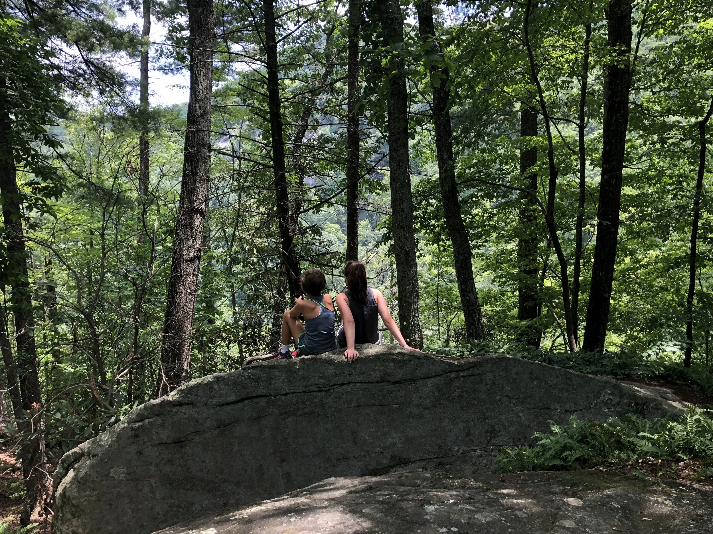 Mike's daughters sitting on a large rock in a forest, with trees and greenery surrounding them.