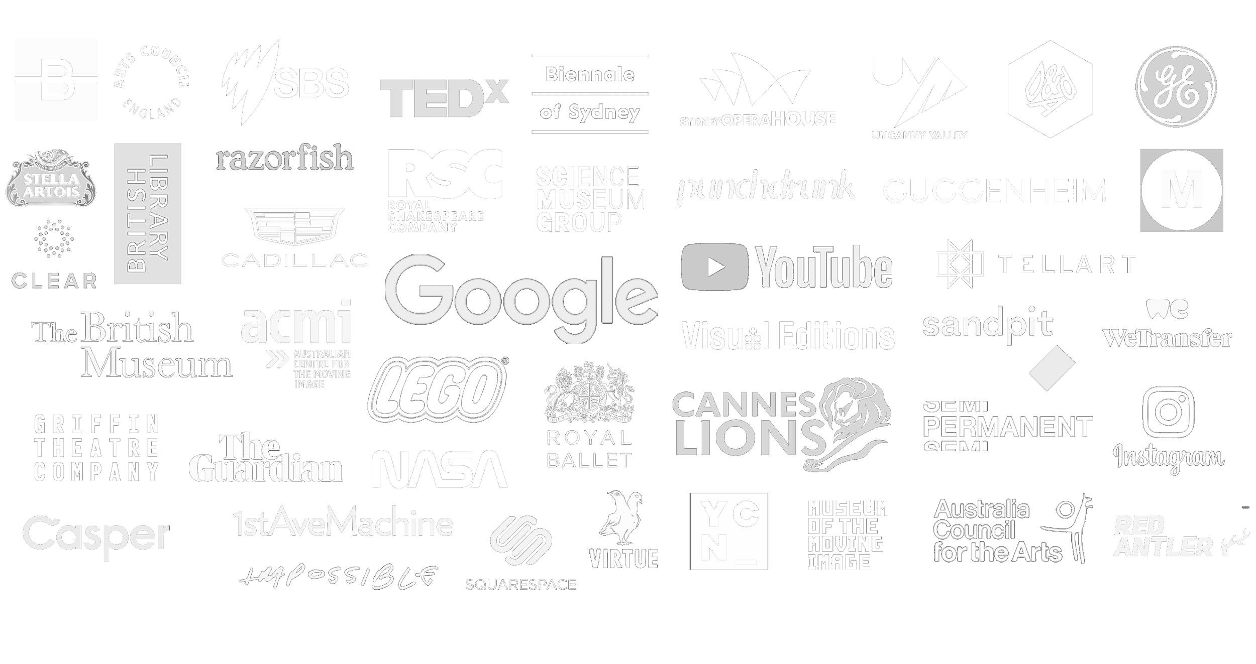 A roster of client logos that Tea has worked with including Google, The Guardian, SBS and 50 other brands