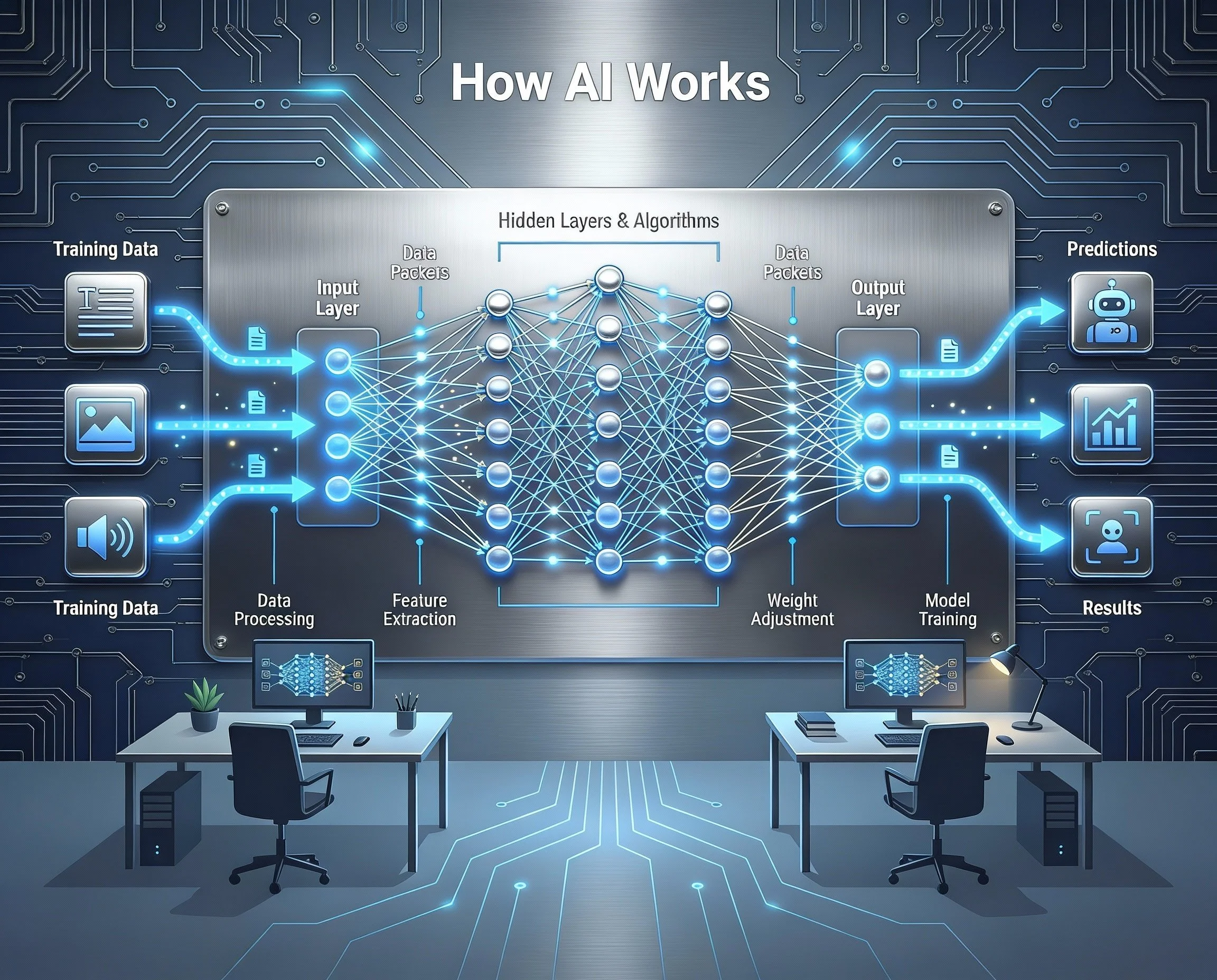 office wall showing neural network of how AI works