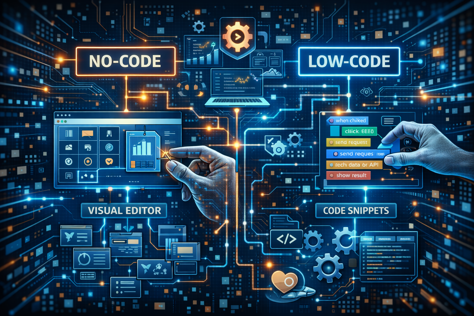 Hands manipulating elements representing no code and low code building tools