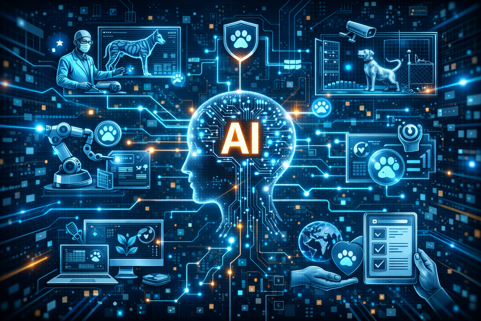 "AI" in the middle with representations of automations around it