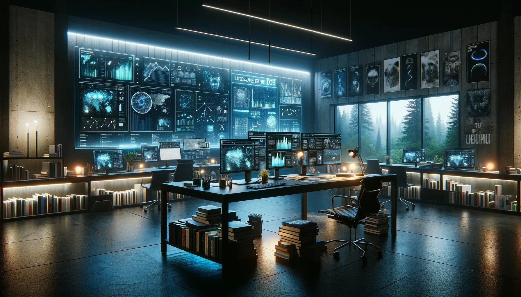 Futuristic office with monitors showing graphs