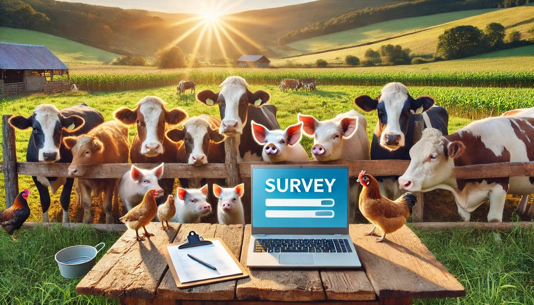 Animals gathers behind computer showing survey screen