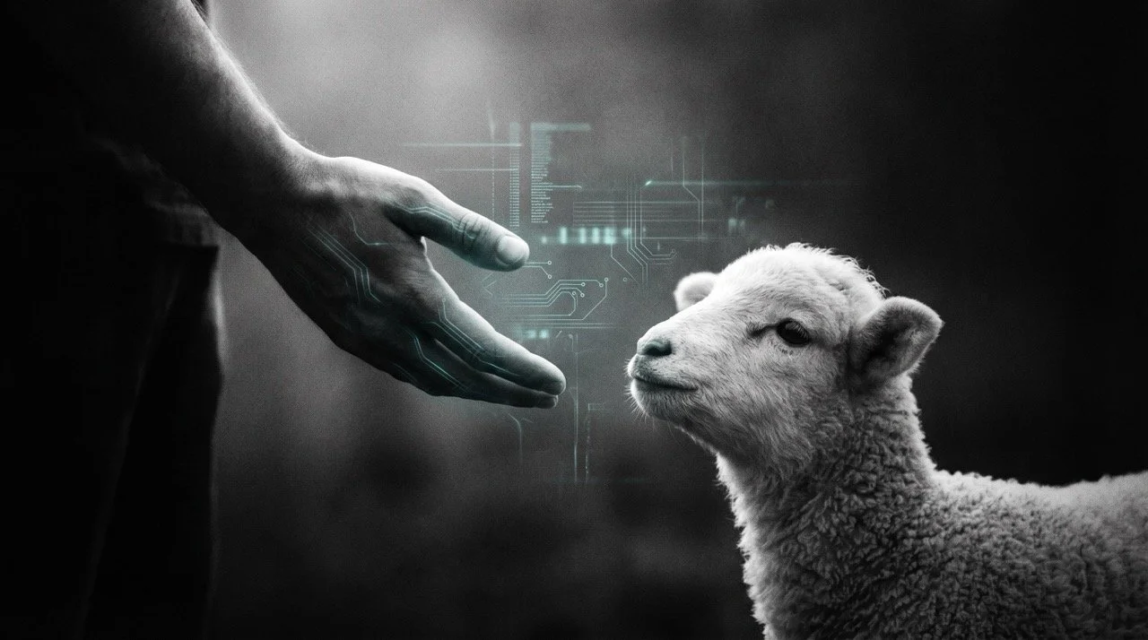 Hand reaching out to a sheep