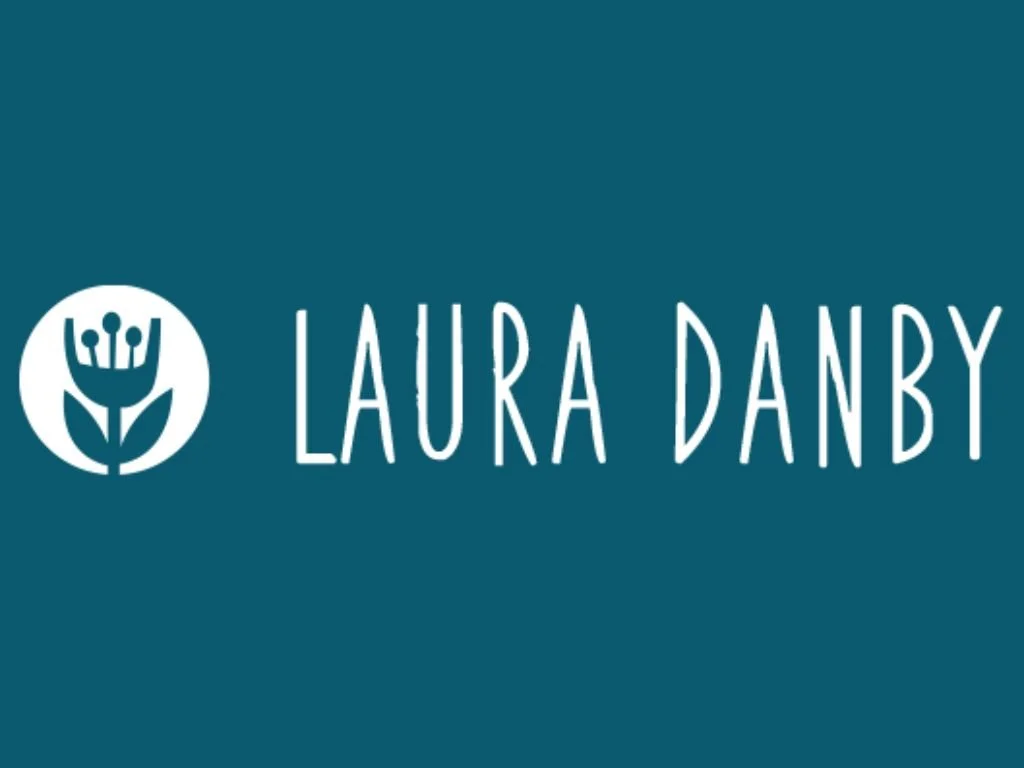 Logo with a white stylized flower with five dots on top and the text 'LAURA DANBY' on a teal background.