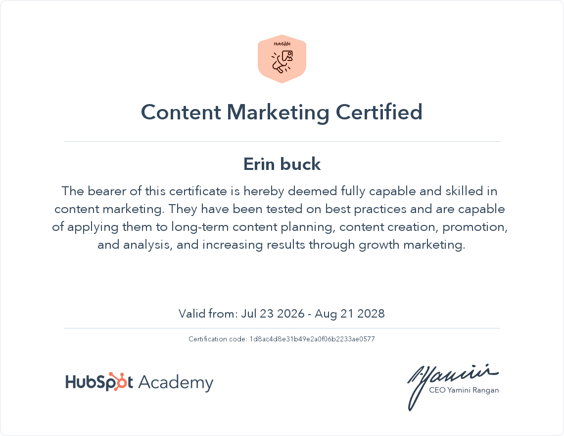 Content Marketing certified awarded to BizzyBee VA until August 2028
