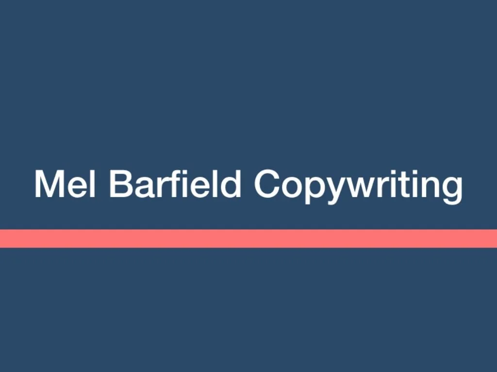 Business card with blue background and red accent, displaying the name Mel Barfield and the word Copywriting.