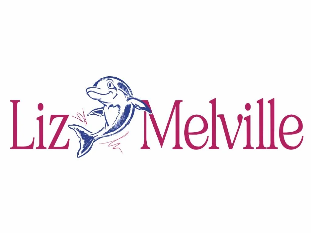 Illustration of a dolphin and the text 'LIZ Menville' in purple.
