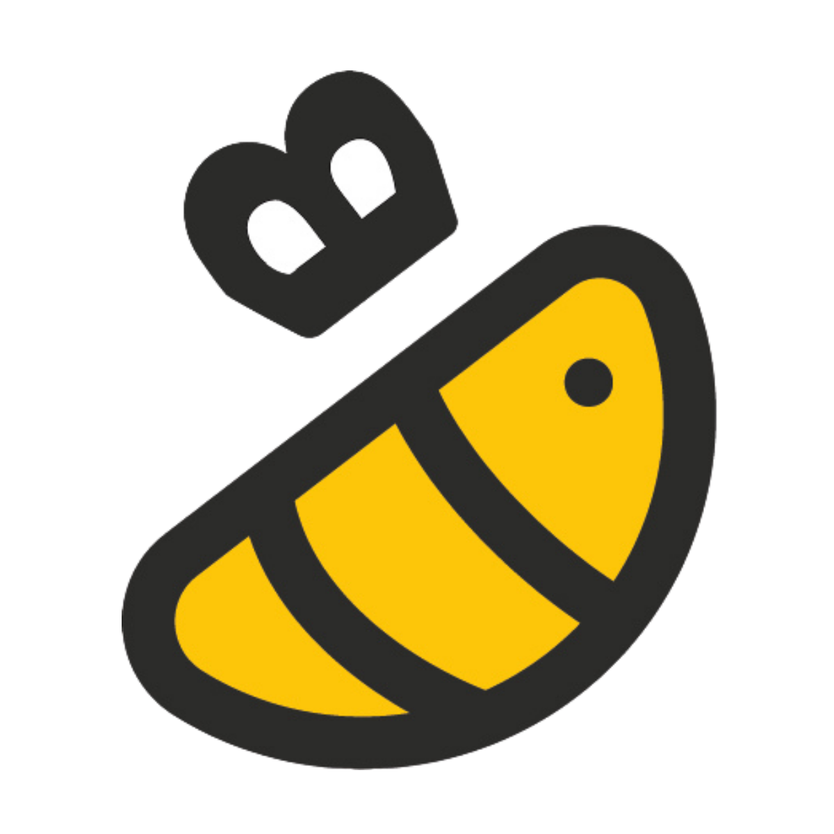 Simple digital illustration of a bee with a yellow and black striped body, black wings, and white eyes.