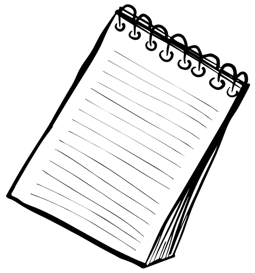 Line drawing of a notepad with a spiral binding on top and lined pages.