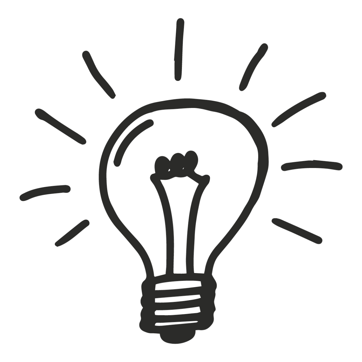 Simple black and white drawing of a light bulb with rays emanating from it, symbolizing an idea or inspiration.
