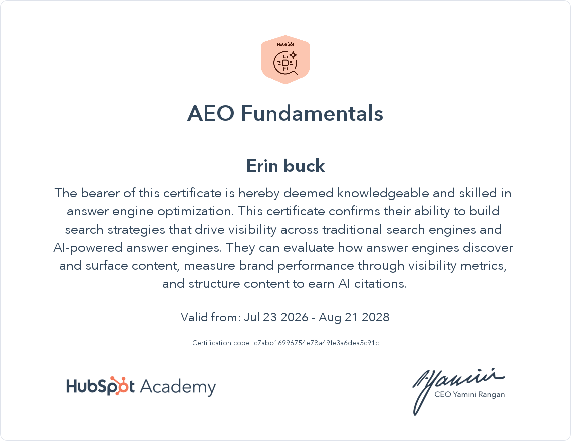 AEO fundamentals awarded to Erin Buck from BizzyBee Virtual Assistant until August 2028
