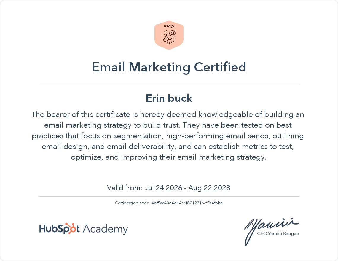 Email Marketing certified awarded to BizzyBee VA until August 2028