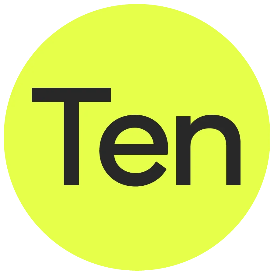 A bright yellow-green circle with the word “Ten” written in bold, black lowercase and uppercase letters in the centre. The background outside the circle is black.