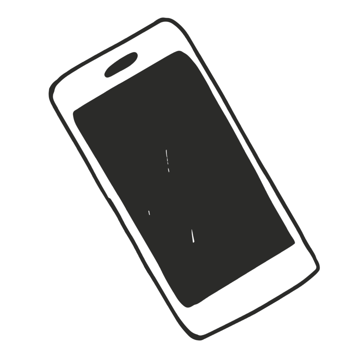 Line drawing of a modern smartphone with a blank screen, viewed from an angle.