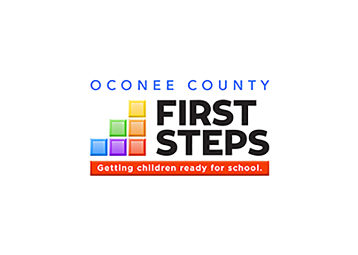 A staircase made of colorful blocks leading to text that reads "ONE LEVEL COUNTY FIRST STEPS" with a red banner below that says "Getting children ready for school."
