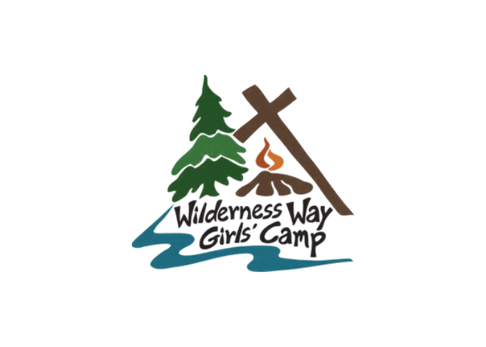 A logo for Wilderness Way Child Camp featuring a green pine tree, a brown campfire with orange flames, a brown log cabin, and a blue stream.