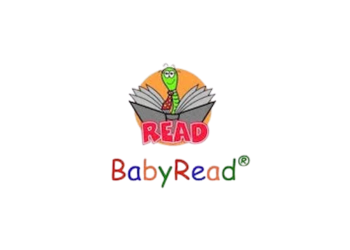 A colorful logo for Baby Read, featuring a cartoon green worm with glasses reading a book, with the words "Baby Read" in multicolored letters below