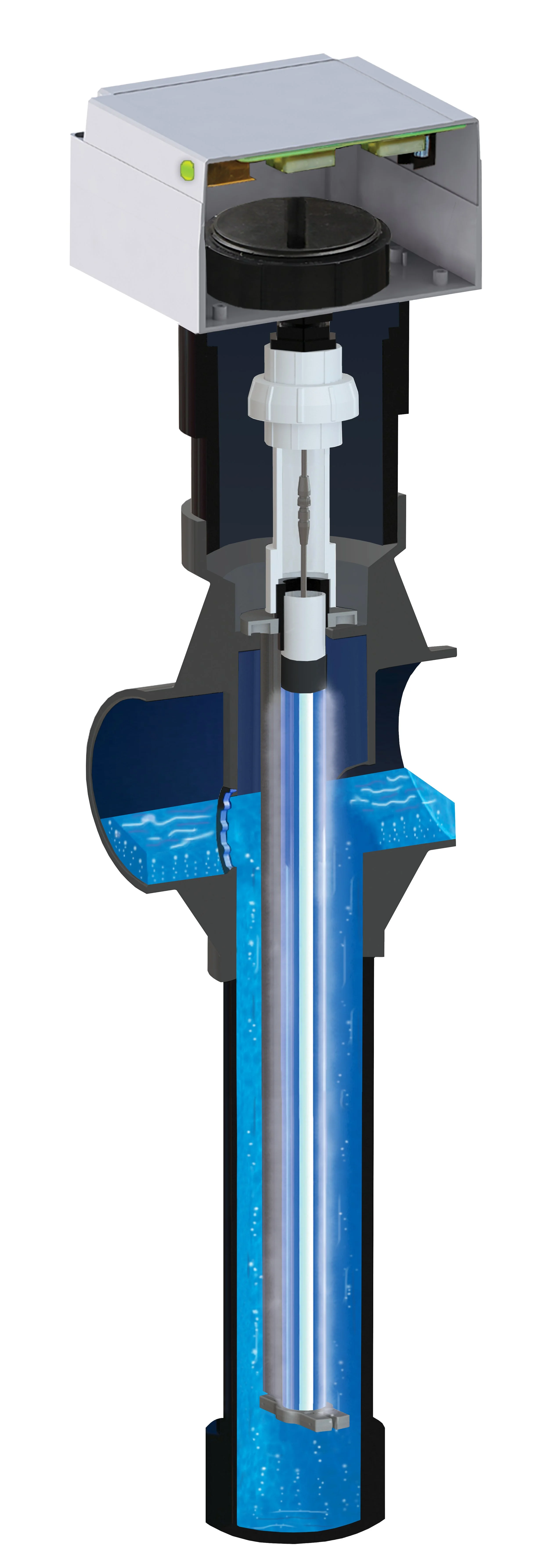 Cross-section of geothermal heating system with heat pump components, showing water circulation and heat exchange mechanism.