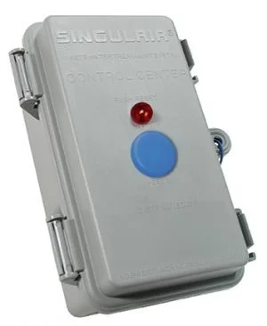 Singulair control center box with red light and blue button