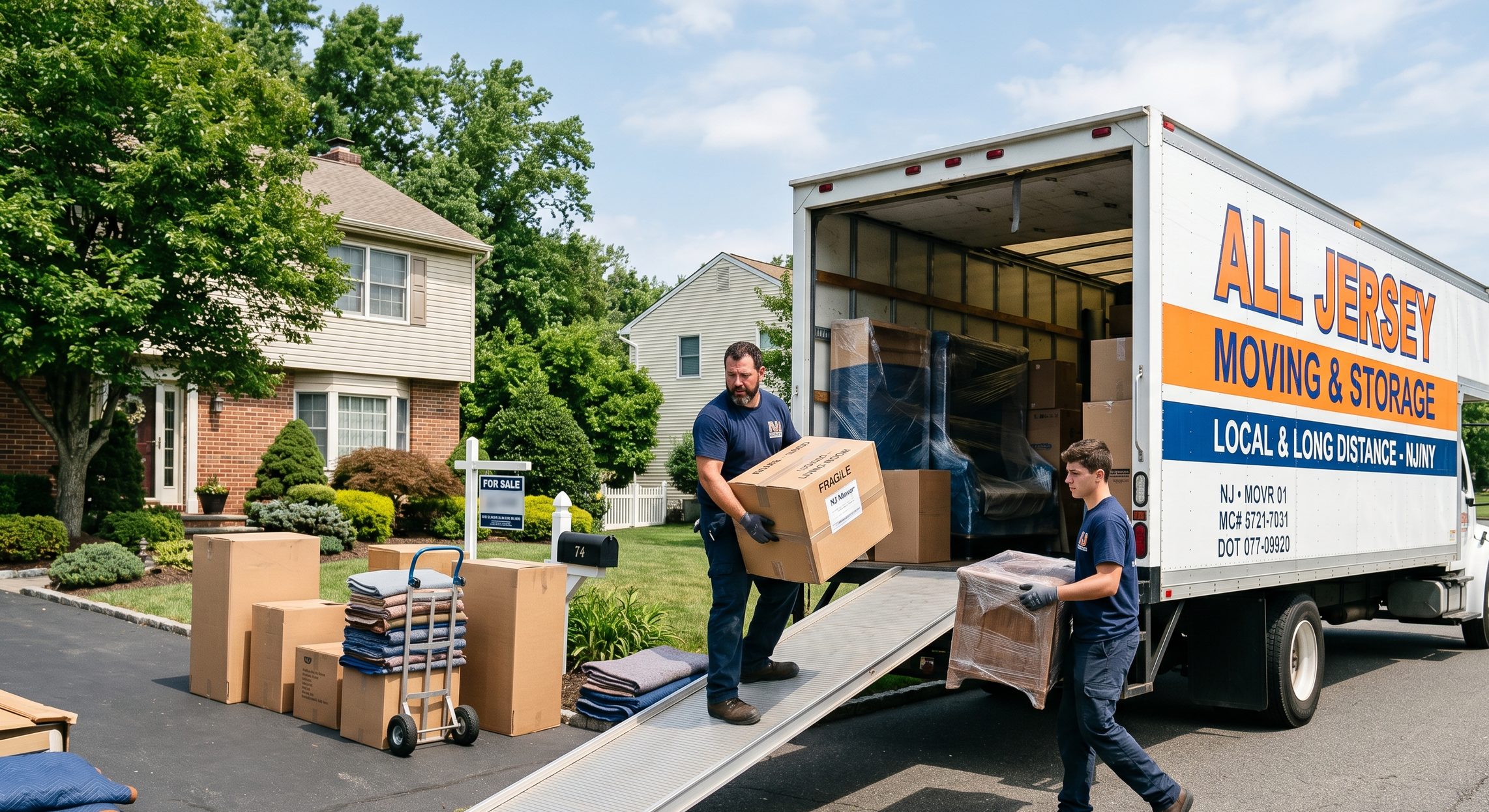 Professional movers loading a white truck in a New Jersey suburban neighborhood for a residential move.