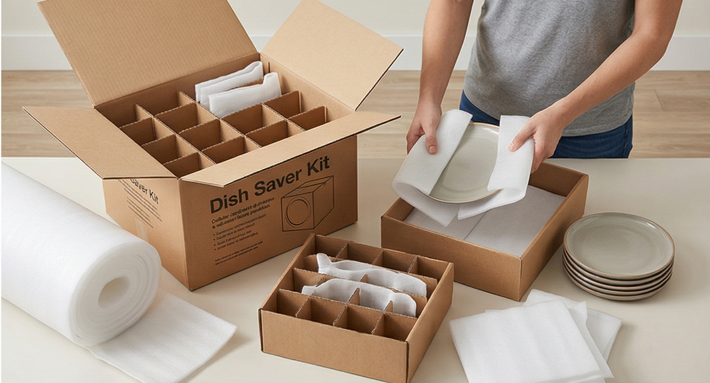 Person packing white dinnerware and linens into a dishwasher-saving kit box.
