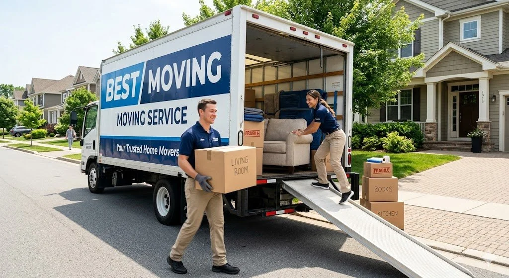 Two movers load boxes and furniture into a moving truck on a suburban street.