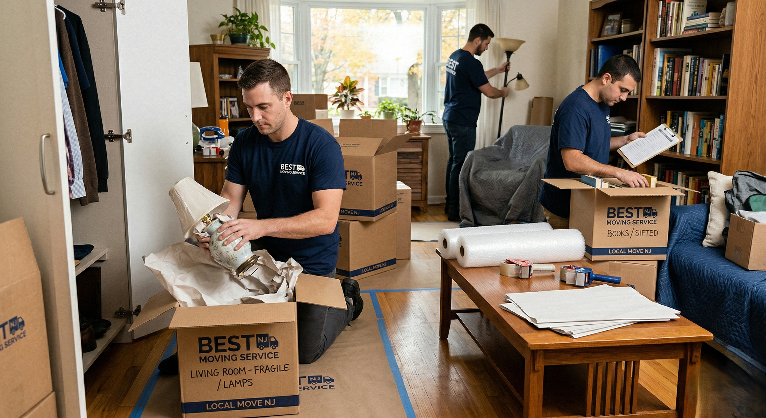 Three movers packing a living room, packing fragile items, books, and household items into boxes.